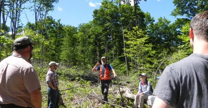 a forester addresses a crowd during a field tour