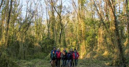 Group of ASCC project members in a a vine-covered gap 