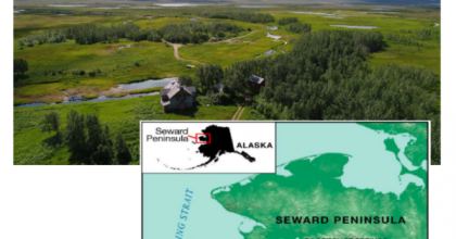 Landscape view of Pilgrim Hot Springs next to a map of Alaska with a point indicating the location of the site