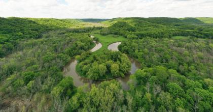 Aerial photo of forest and winding river by Samuel Li
