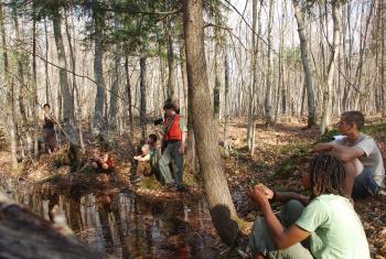 students listening to a presentation in the forest