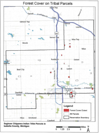 Map of the forested parcels owned by the Saginaw Chippewa Tribe in Isabella County, MI. (click to enlarge)