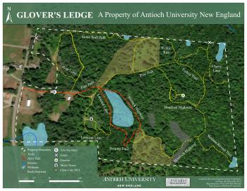 Map showing a forested area with trails and ponds