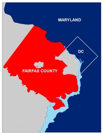 Map showing the outline of Fairfax County in relation to Maryland and Washington, DC