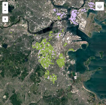Map of Boston with Speak for the Trees, Boston, area highlighted