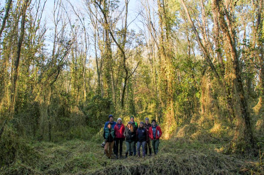 Group of ASCC project members in a a vine-covered gap 