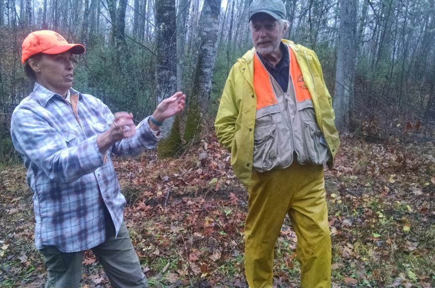 Cheryl Adams (UPM-Blandin) discusses an idea with Jack Rajala during a November 2015 field tour at Sugar Hills. 