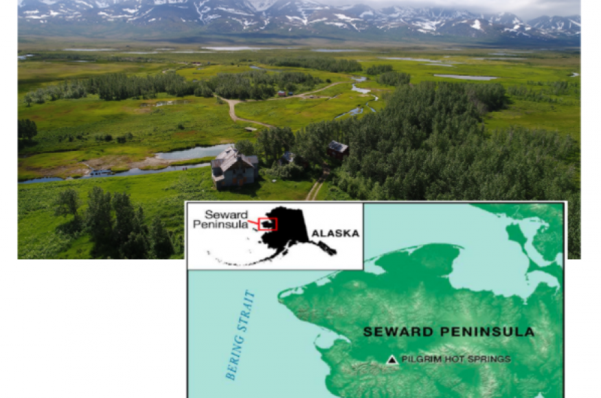Landscape view of Pilgrim Hot Springs next to a map of Alaska with a point indicating the location of the site
