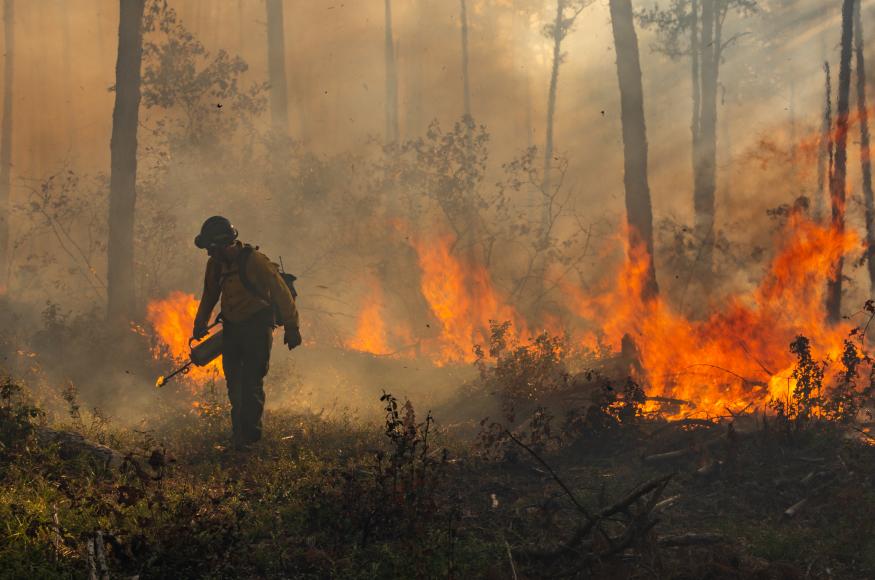 Person in protective gear helping to manage a prescribed fire